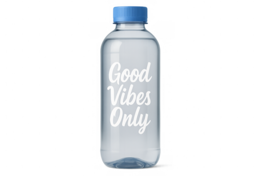 Transparent water bottle promoting good vibes with blue cap