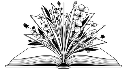 Open book with vibrant flowers sprouting from the pages in a hand-drawn style for literary and floral design concepts