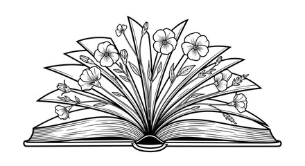 Open book with flowers emerging from the pages in a hand-drawn style for literary and floral design concepts