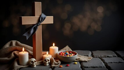 Wooden funeral cross with black ribbon and Halloween décor, somber festive scene