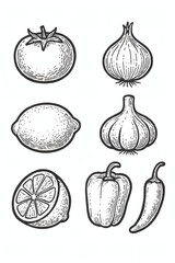 A collection of fresh produce, including a tomato, onion, garlic, lemon, and peppers, sketched for a clean, minimalist look.