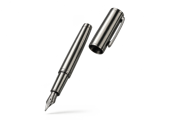 Elegant silver fountain pen with cap isolated on transparent background studio shot