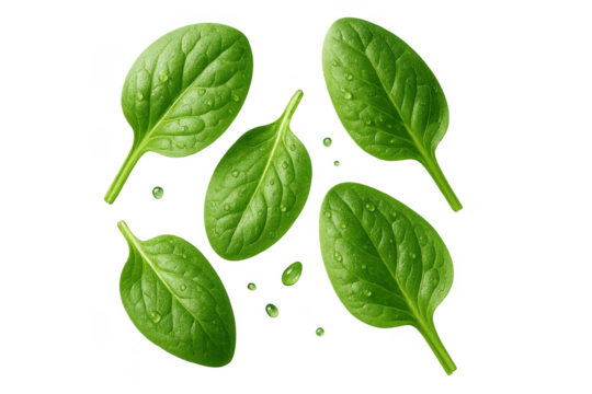 Fresh spinach leaves isolated on transparent background with water drops, vibrant
