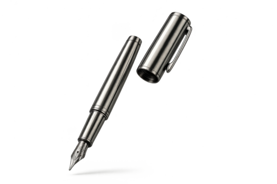 Elegant silver fountain pen with cap isolated on transparent background studio shot