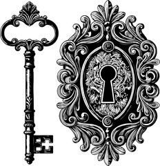 Ornate key and keyhole with baroque design elements