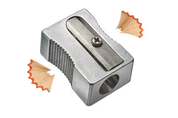 Metal pencil sharpener isolated on a transparent background with shavings