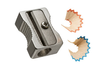 Metal pencil sharpener with pencil shavings isolated on transparent background