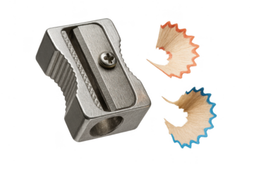 Metal pencil sharpener with pencil shavings isolated on transparent background