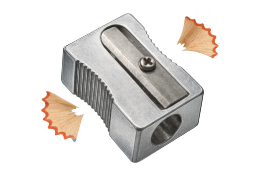 Metal pencil sharpener isolated on a transparent background with shavings