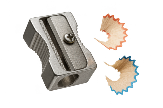 Metal pencil sharpener with pencil shavings isolated on transparent background