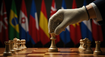 A gloved hand moving a chess piece on a chessboard with international flags in the background