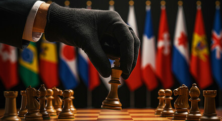 A gloved hand moves a chess piece with international flags in the background on a chessboard game play