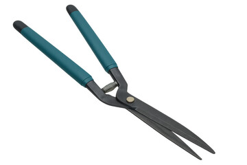 Teal-handled gardening shears gleaming, positioned for precise pruning against clean transparent backdrop