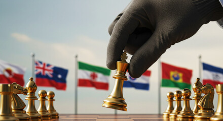 A gloved hand moves a golden king chess piece with flags in the background on a chessboard game