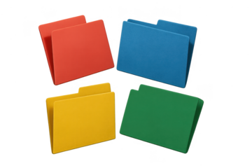 Colorful folders isolated on transparent background, red, blue, yellow, green.