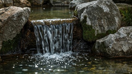 A small waterfall flows in a peaceful zen garden, natural lighting, calm and meditative atmosphere,
Wild,stone,flow,