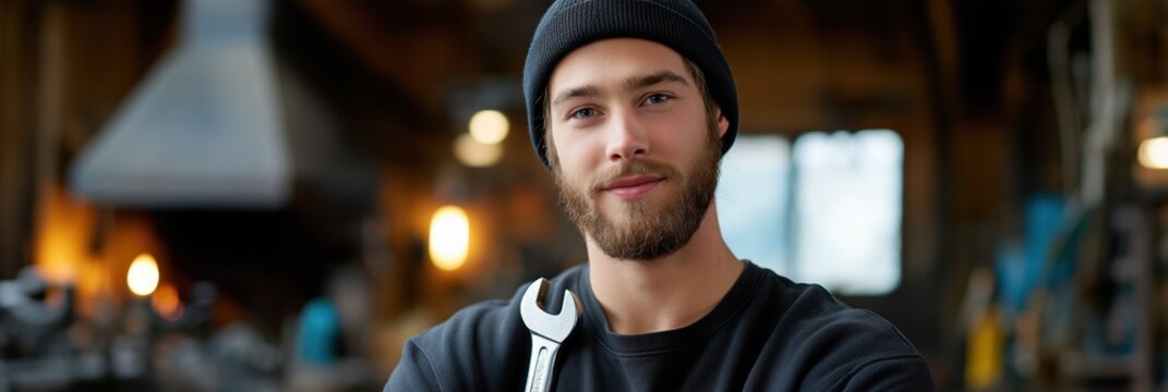 Young caucasian male mechanic in workshop with wrench wearing beanie