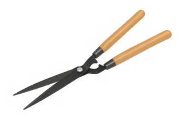 Wooden-handled gardening shears resting on clear surface, positioned for precise cutting and garden maintenance work