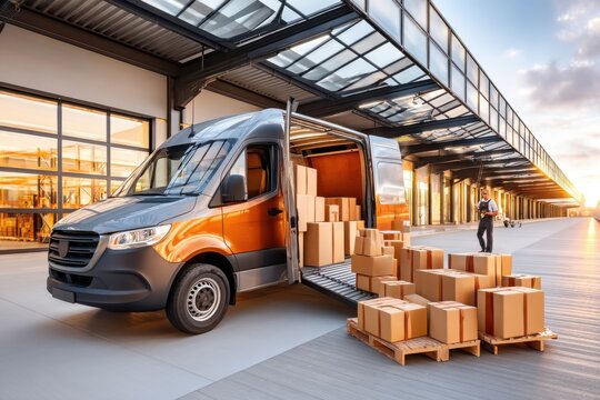 Delivery van unloading packages at a logistics center during sunset