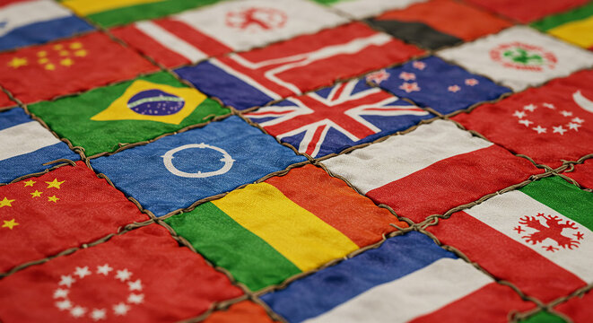 A collection of small square flags from various countries stitched together in a patchwork pattern