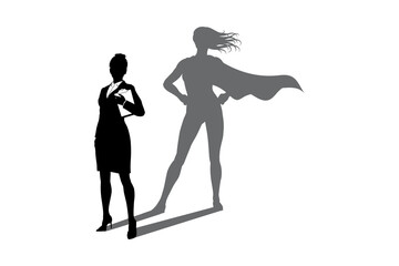 Empowered woman with superhero silhouette standing with a shadow of a business person