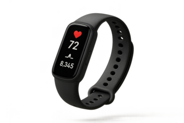 Black fitness tracker displaying heart rate and steps isolated on transparent