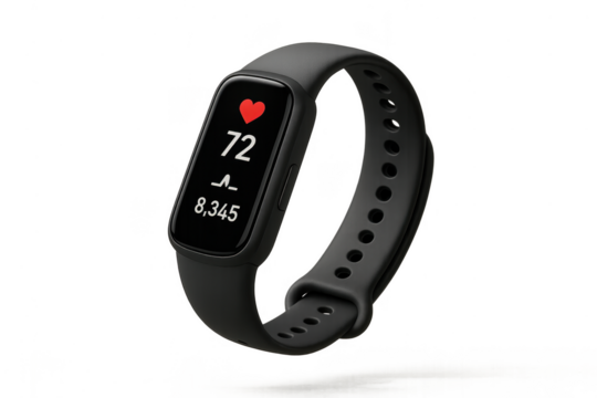 Black fitness tracker displaying heart rate and steps isolated on transparent - Powered by Adobe