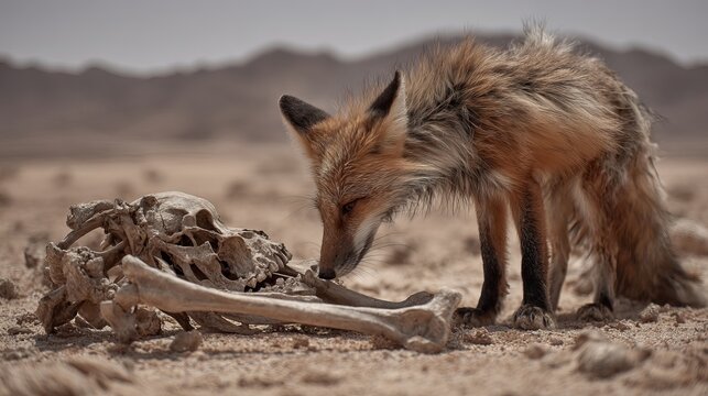 Fox scavenging bones in desert landscape wildlife photography animal behavior survival in nature arid climate