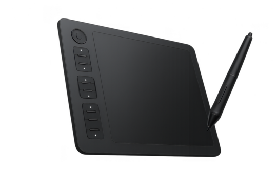 Modern graphic tablet and pen isolated on transparent background for designers.