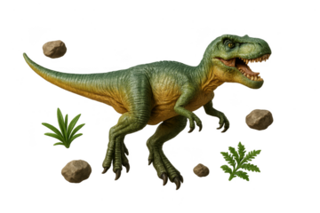 Green Tyrannosaurus Rex isolated on transparent background with plants and stones