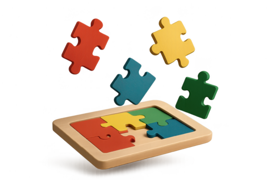 Colorful jigsaw puzzle pieces and wooden frame isolated on transparent background - Powered by Adobe