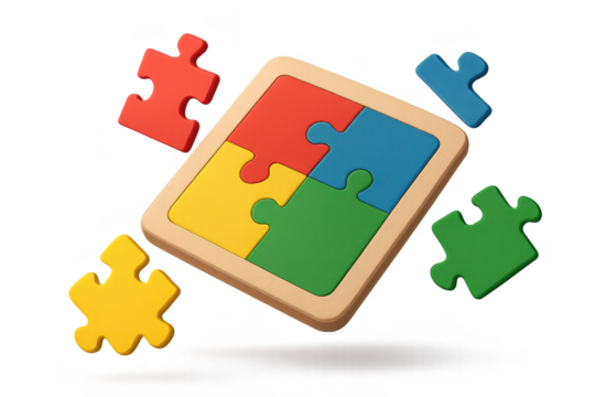 Colorful wooden puzzle pieces with transparent background, education and learning