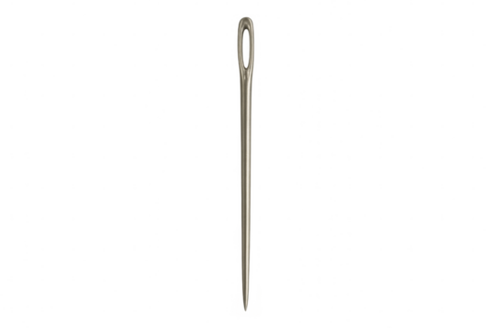 Close-up of a single sewing needle, isolated on a transparent background, ready for threading and stitching
