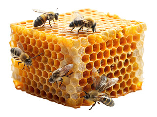 honeycomb and bees isolated on white background. PNG Transparent file type with high definition quality And vibrant color grading Available.