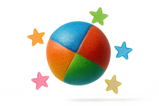Colorful beach ball surrounded by stars isolated on transparent background