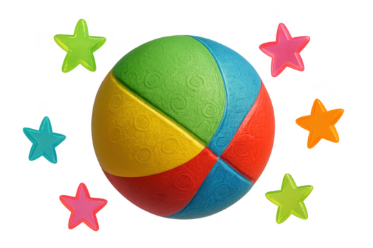 Colorful beach ball and stars isolated on transparent background, playful design