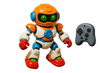 Cute toy robot with a gaming controller isolated on a transparent background