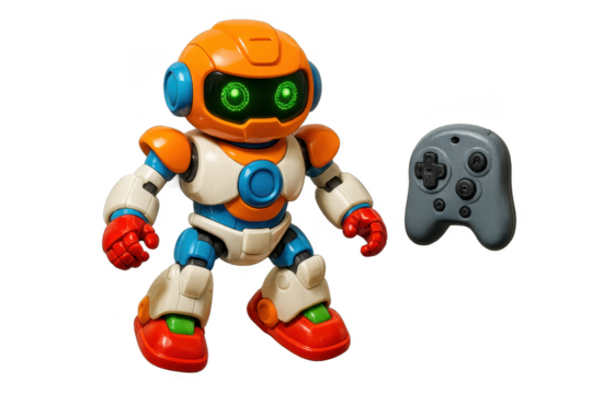 Cute toy robot with a gaming controller isolated on a transparent background