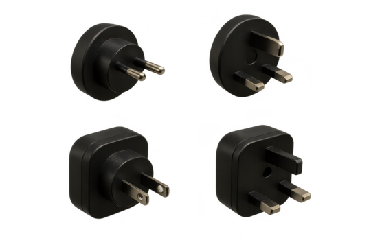 Set of four black travel adapter plugs isolated on a transparent background.