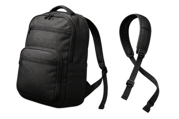 Naklejka premium Modern black backpack and shoulder straps isolated on transparent background