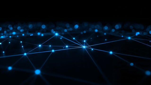 Blue digital connection network glows on line and node pattern, black background, futuristic neon effect,
