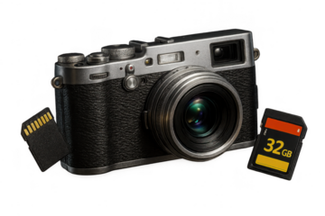 Silver and black digital camera with SD cards on transparent background view