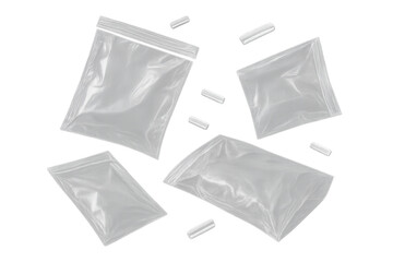 Naklejka premium Collection of clear resealable bags and capsules on transparent background, isolated