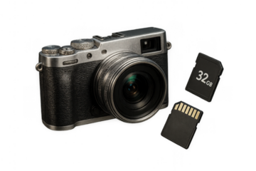 Vintage digital camera and two SD memory cards isolated on transparent background