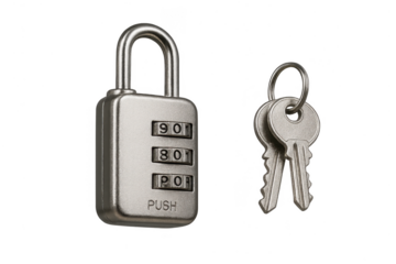 Metal combination padlock and keys isolated on transparent background, security