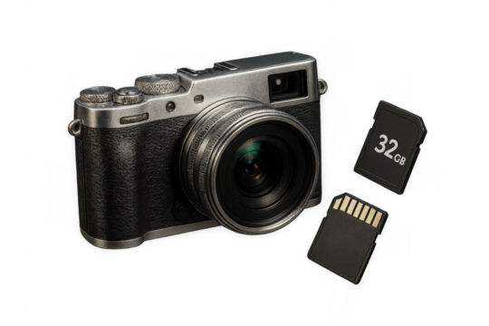 Vintage digital camera and two SD memory cards isolated on transparent background