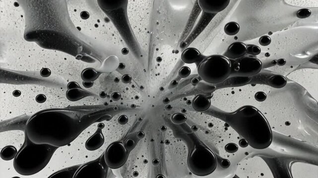 Silver paint explosion with black drops on white background. Mercury quicksilver splash explode