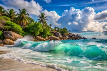 Turquoise wave crashing on tropical beach with palm trees and rocks