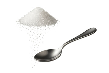 Pile of sugar and a spoon isolated on transparent background, sweet treat