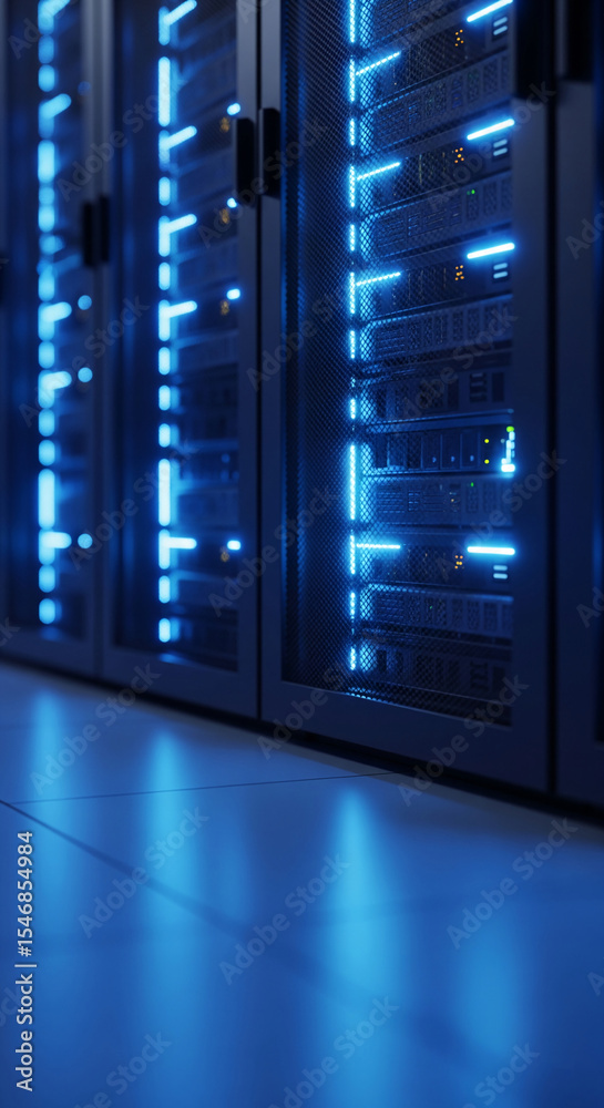 Poster close-up of illuminated server racks in a data center, showcasing technological infrastructure and d